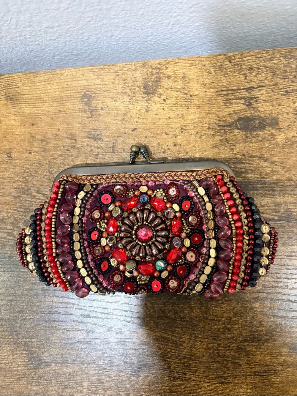 Accessorize Vintage Red and Burgundy Hand Beaded Evening Clutch Made In India